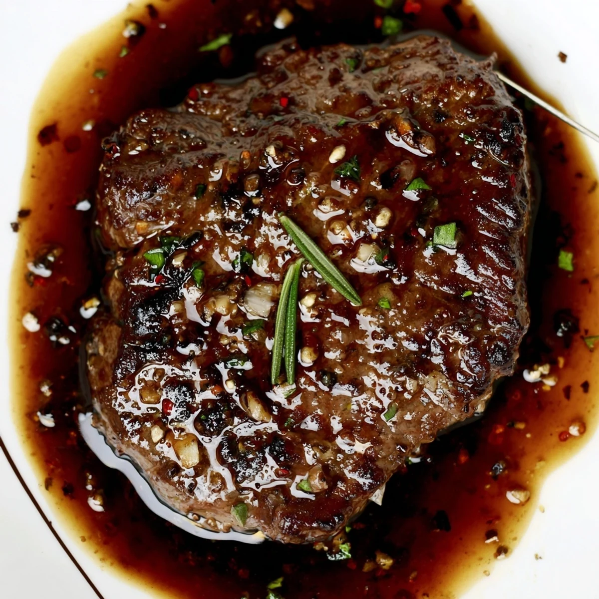 Steak Marinade glistening on raw ribeye, garlicky aroma, ready for grilling