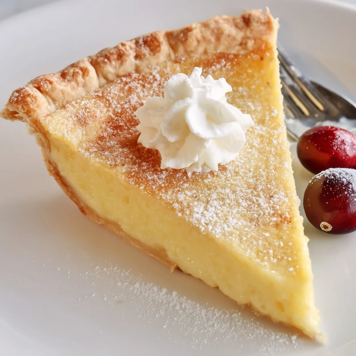 Slices of Christmas Eve Custard Pie With Cinnamon Vanilla plated with whipped cream