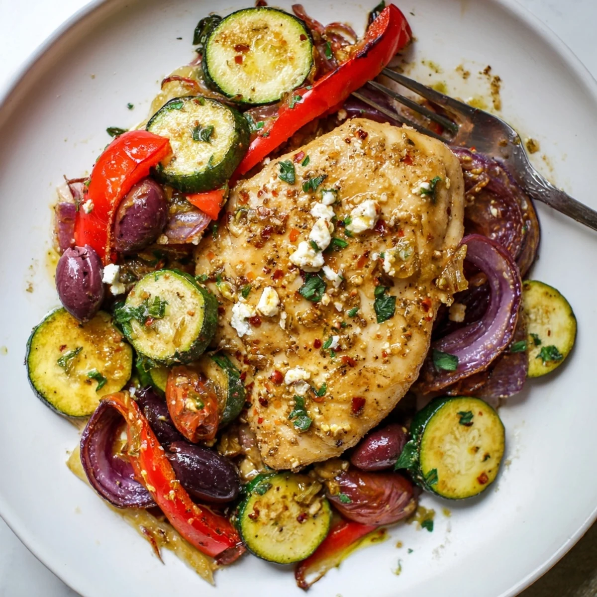 Sheet Pan Mediterranean Chicken Zucchini with golden roasted veggies and tangy feta