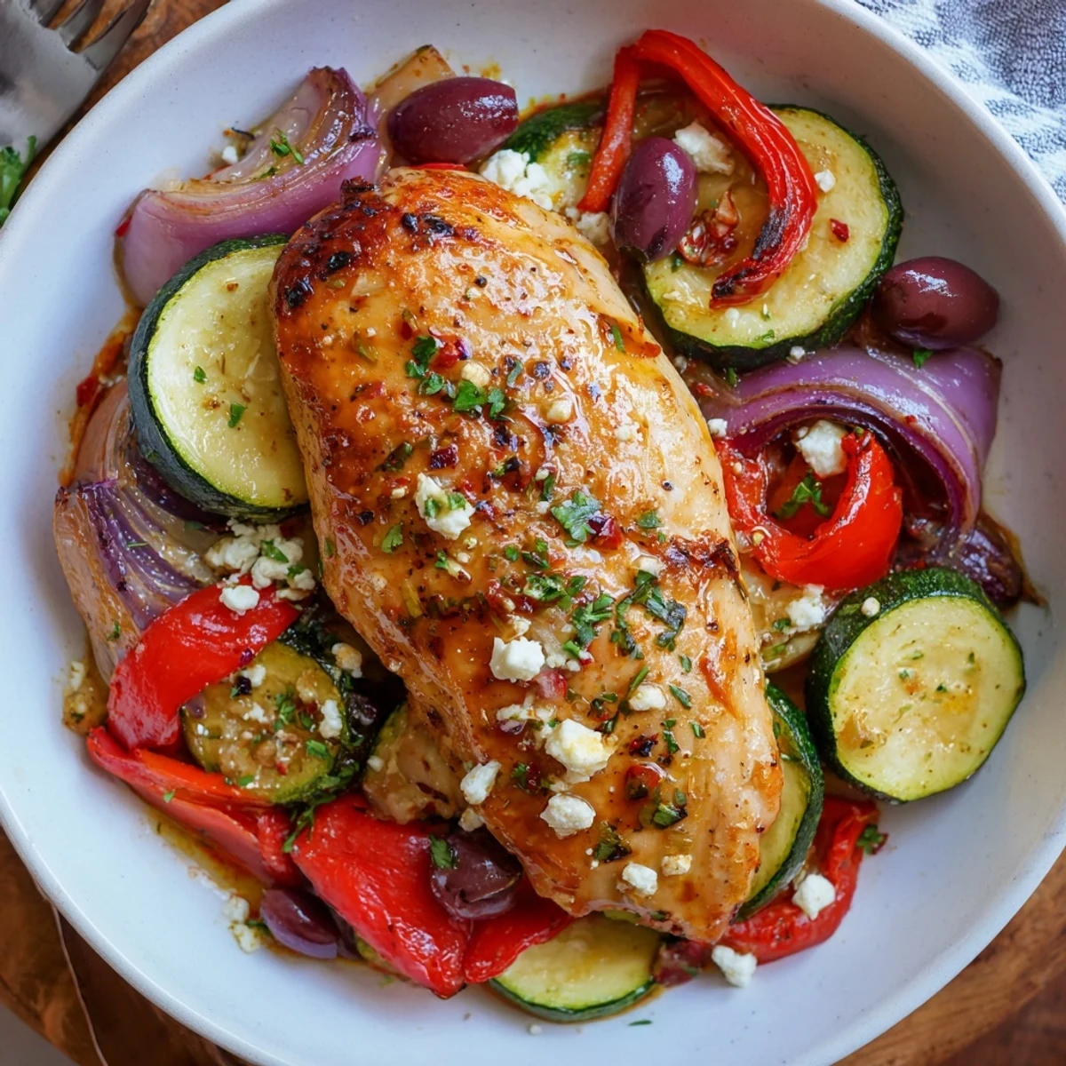 Warm pita ready beside Sheet Pan Mediterranean Chicken Zucchini topped with feta