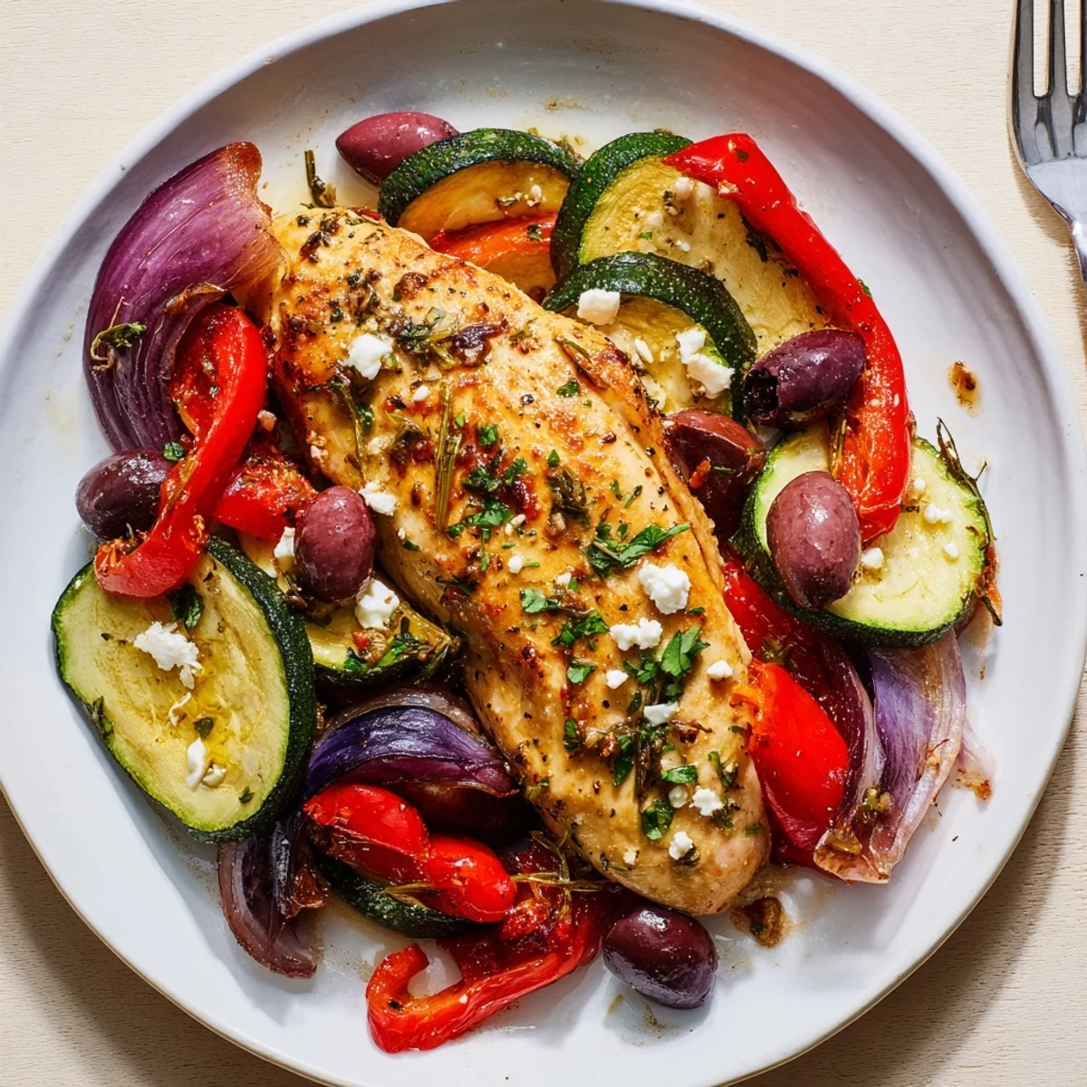 Oven browned Sheet Pan Mediterranean Chicken Zucchini glistening with lemon herb juices