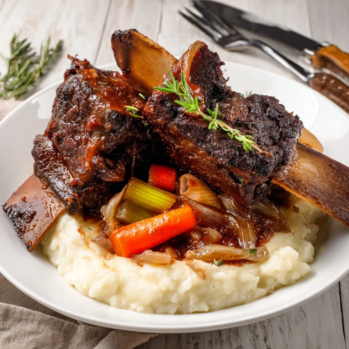Slow Cooker Beef Short Ribs simmering in rich sauce, served over mashed potatoes