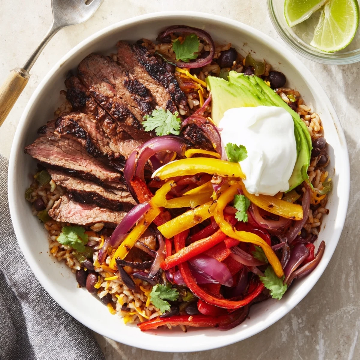 Steak Fajita Power Bowls with sizzling marinated steak, peppers, and lime