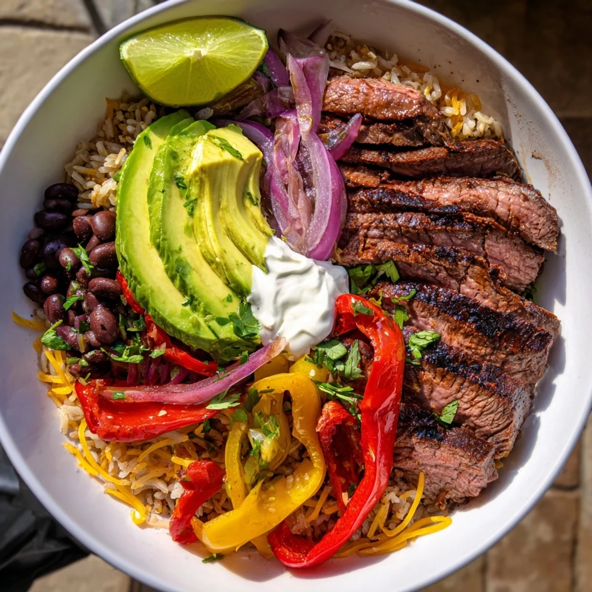 Bright Steak Fajita Power Bowls topped with creamy avocado, cilantro, and rice