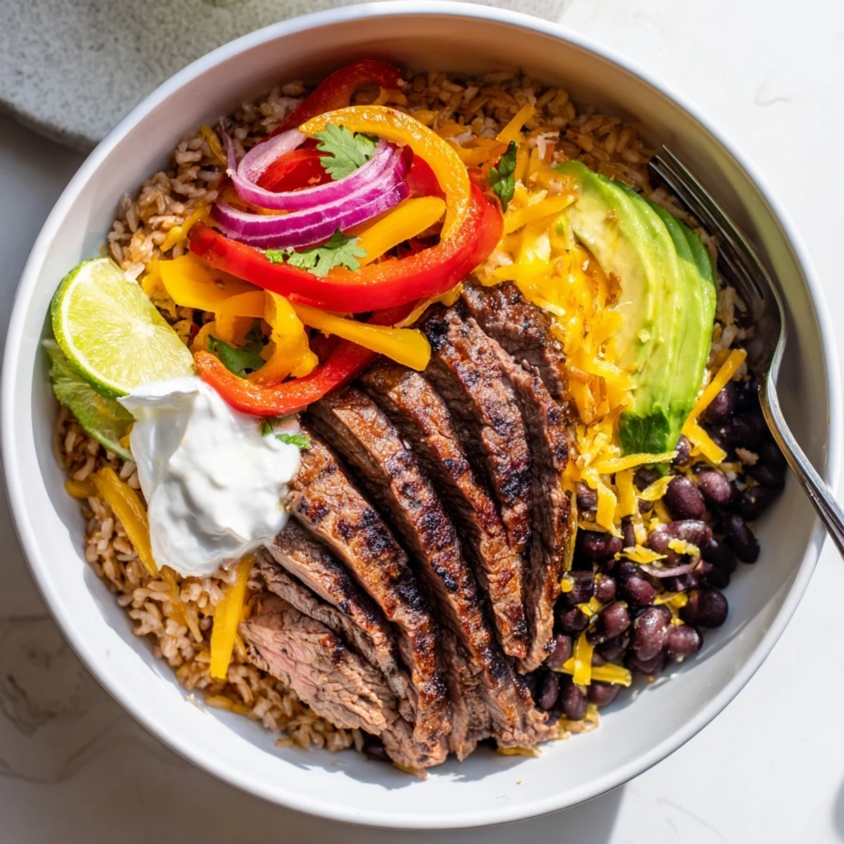 Grilled Steak Fajita Power Bowls served warm with black beans, zesty lime wedges