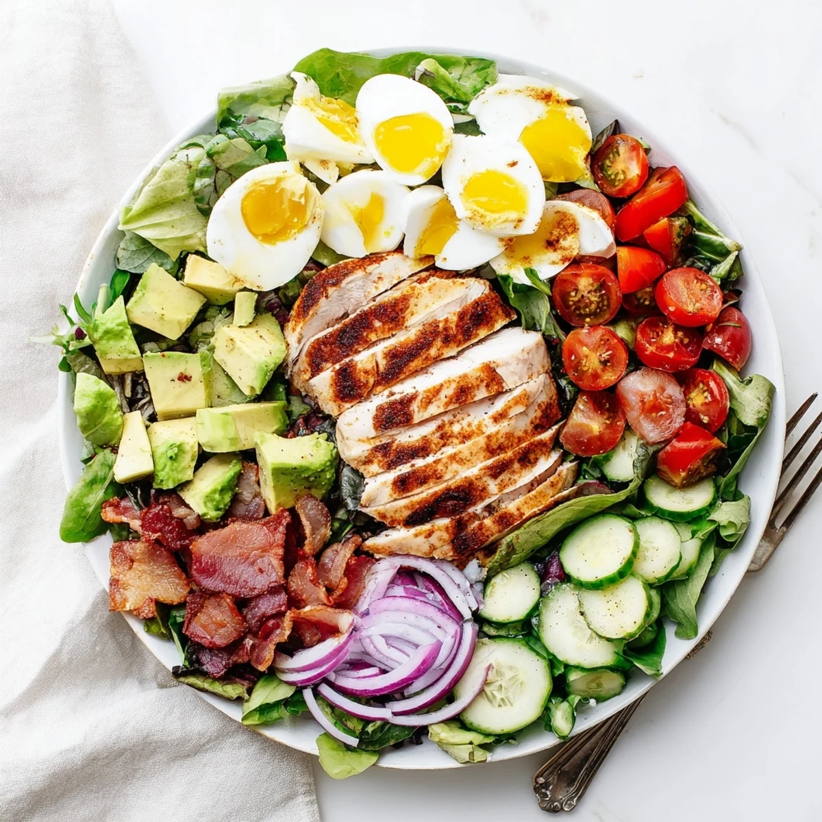Colorful bowl of mixed greens topped with juicy seasoned chicken breast, cherry tomatoes, crisp bacon, and creamy avocado for a wholesome Paleo Grilled Chicken Cobb Salad