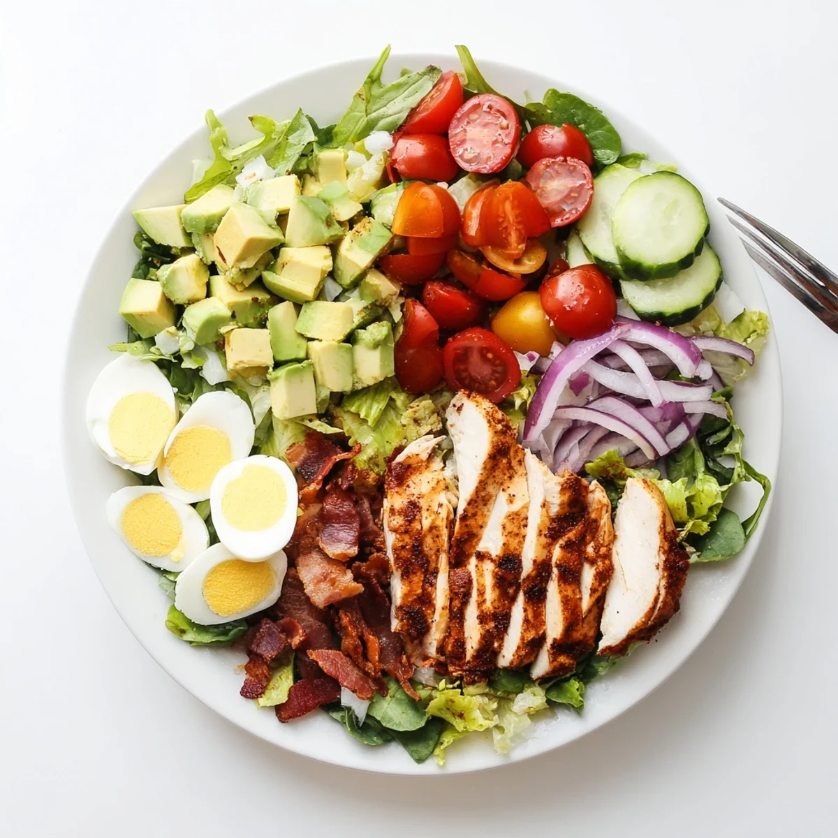Platter of fresh salad ingredients arranged with smoky grilled chicken strips, quartered eggs, diced avocado, and crumbled bacon creating this satisfying Paleo Grilled Chicken Cobb Salad