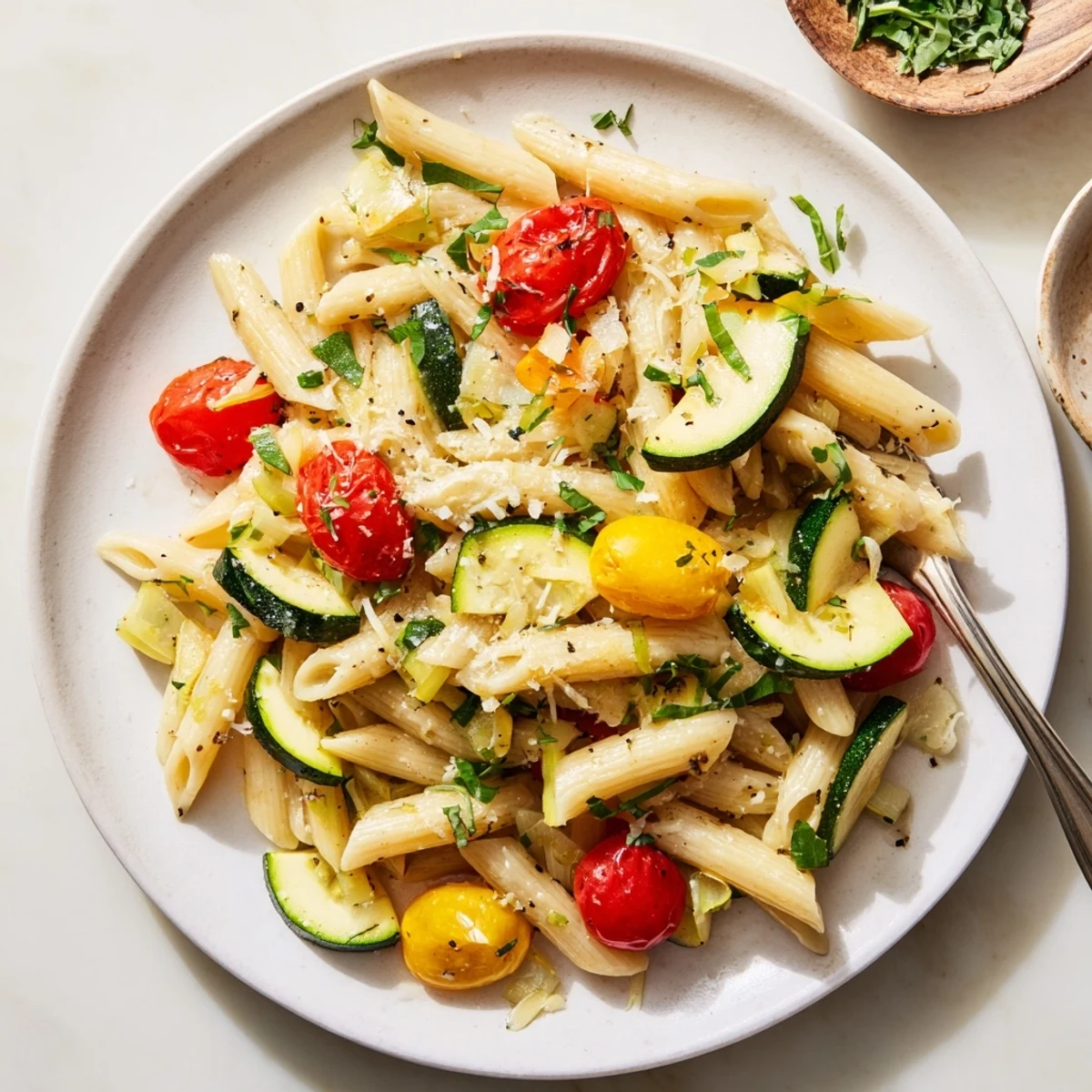 Colorful bowl of tomato zucchini pasta showcasing tender zucchini slices and juicy red cherry tomatoes