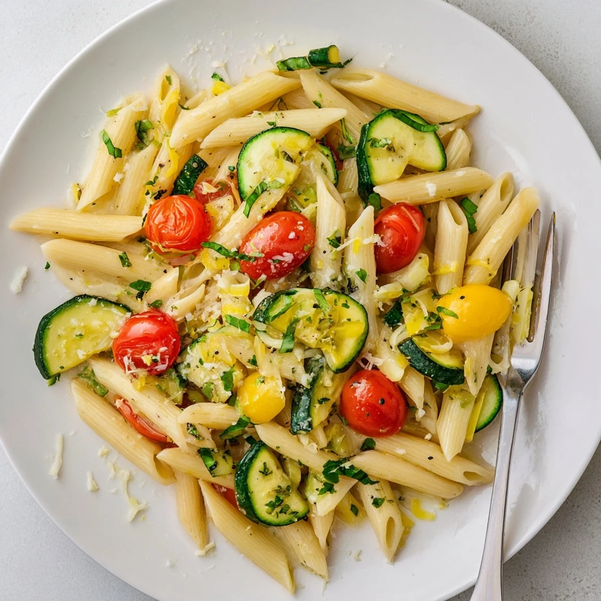 Golden tomato zucchini pasta tossed in olive oil with fresh basil and grated Parmesan cheese