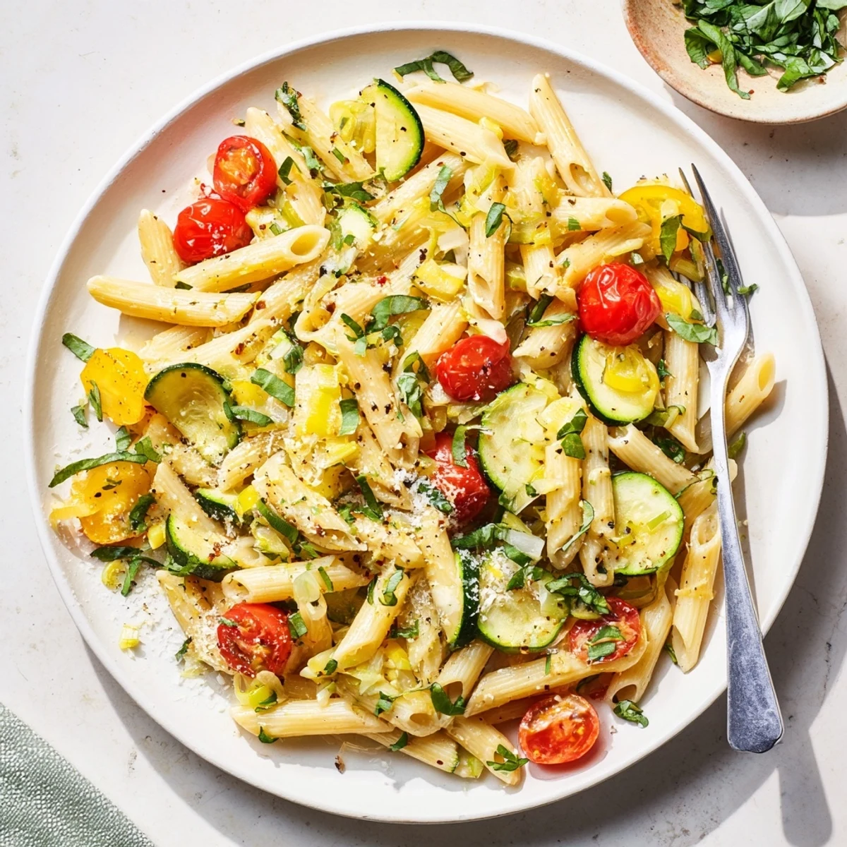 Close-up of al dente tomato zucchini pasta garnished with fresh green basil and parmesan