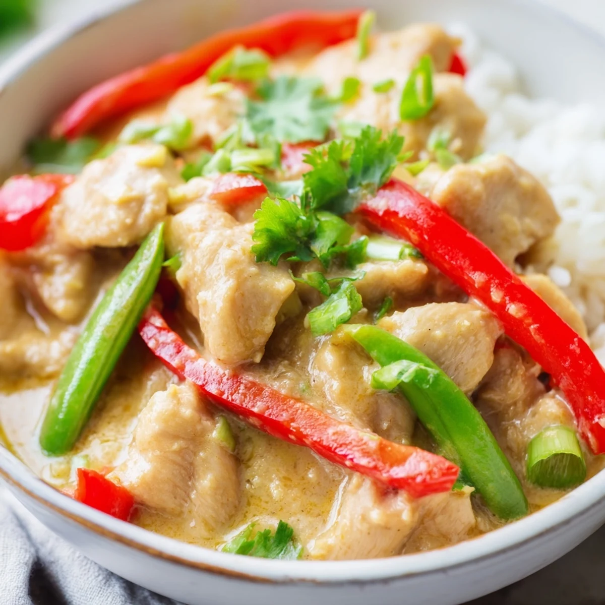 Steaming bowl of tender chicken pieces in rich coconut sauce served over fluffy jasmine rice