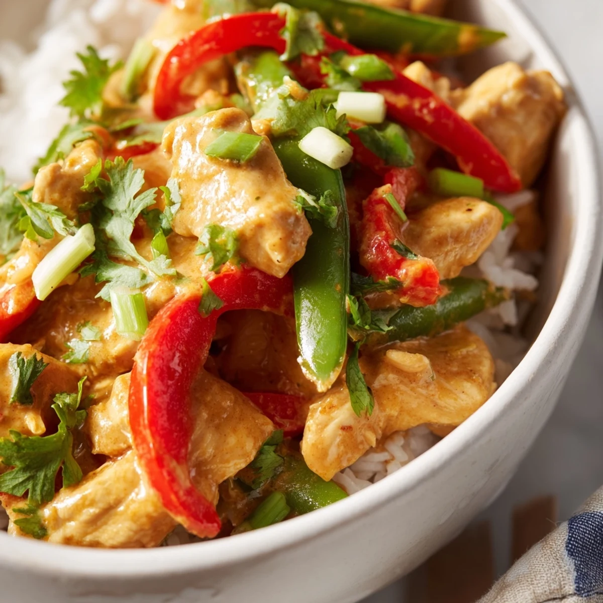 Creamy coconut chicken rice bowl topped with colorful vegetables and fresh cilantro garnish