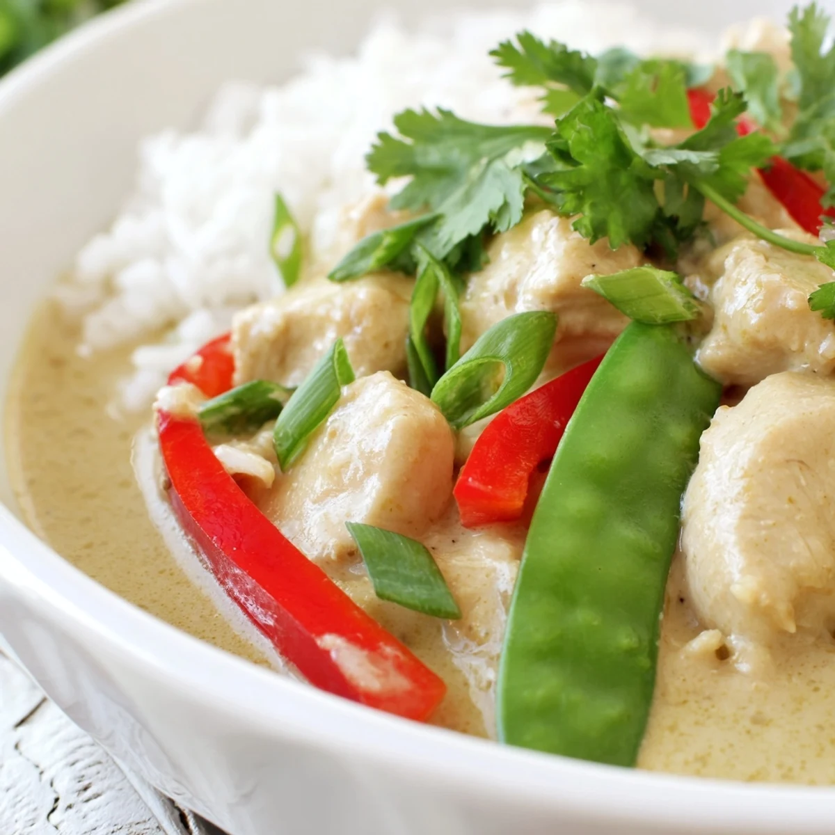 Asian-inspired coconut chicken rice bowl featuring snap peas bell peppers and toasted coconut flakes