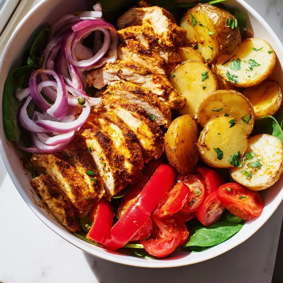 Golden roasted chicken and crispy potato bowl with fresh vegetables on a white plate