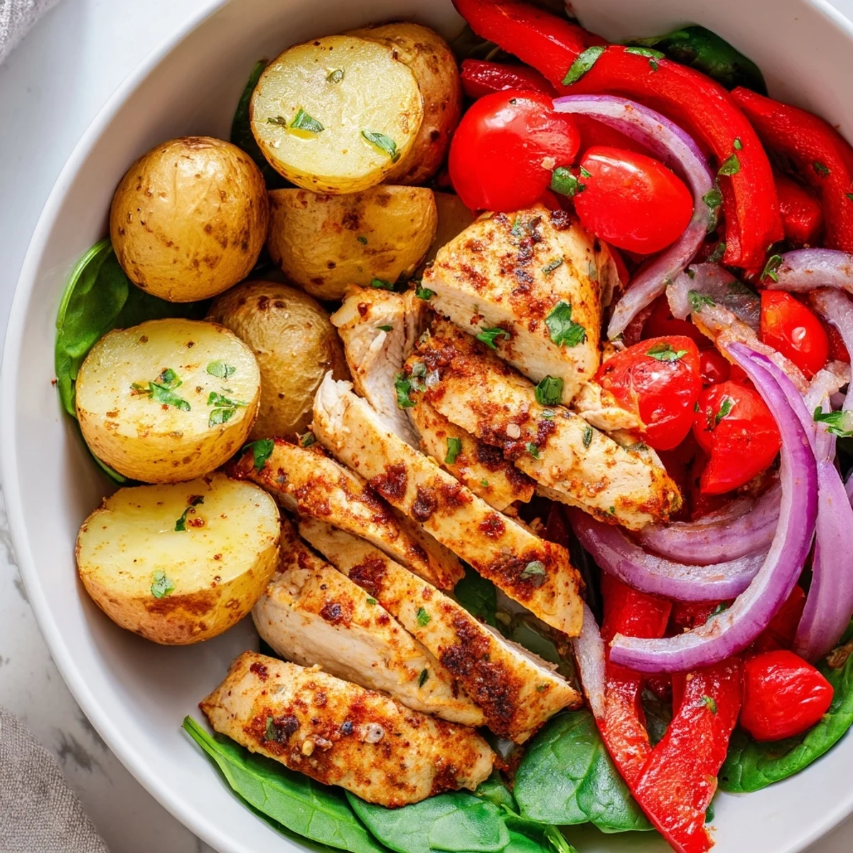 Lean grilled chicken served over roasted baby potatoes with colorful peppers and cherry tomatoes