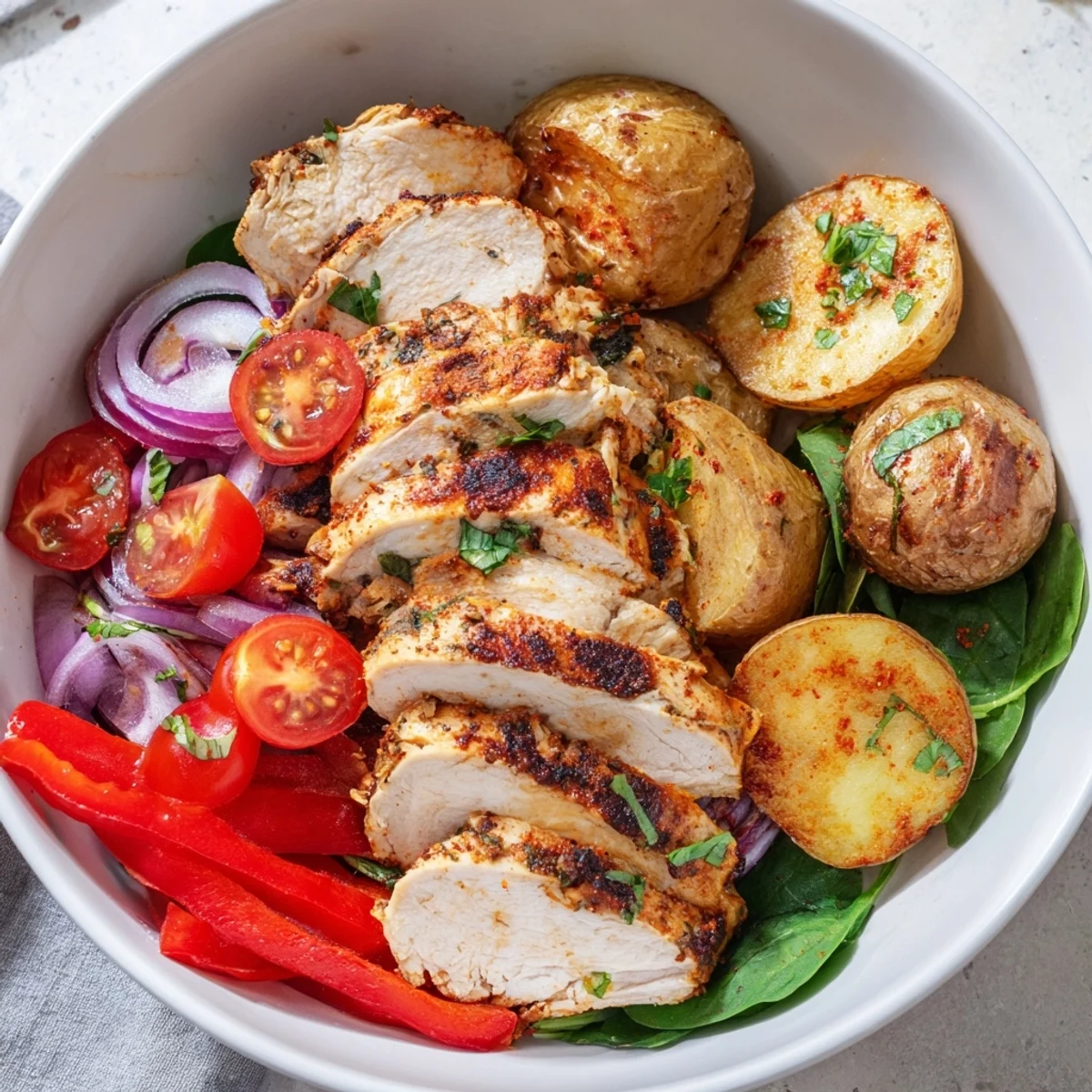 Healthy chicken and roasted potato bowl layered with spinach and crisp red vegetables