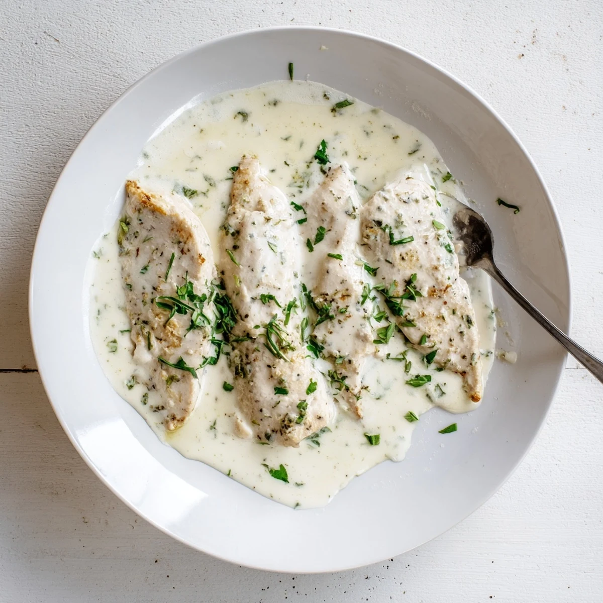 Golden pan-seared chicken breasts resting in a rich velvety herb-infused cream sauce