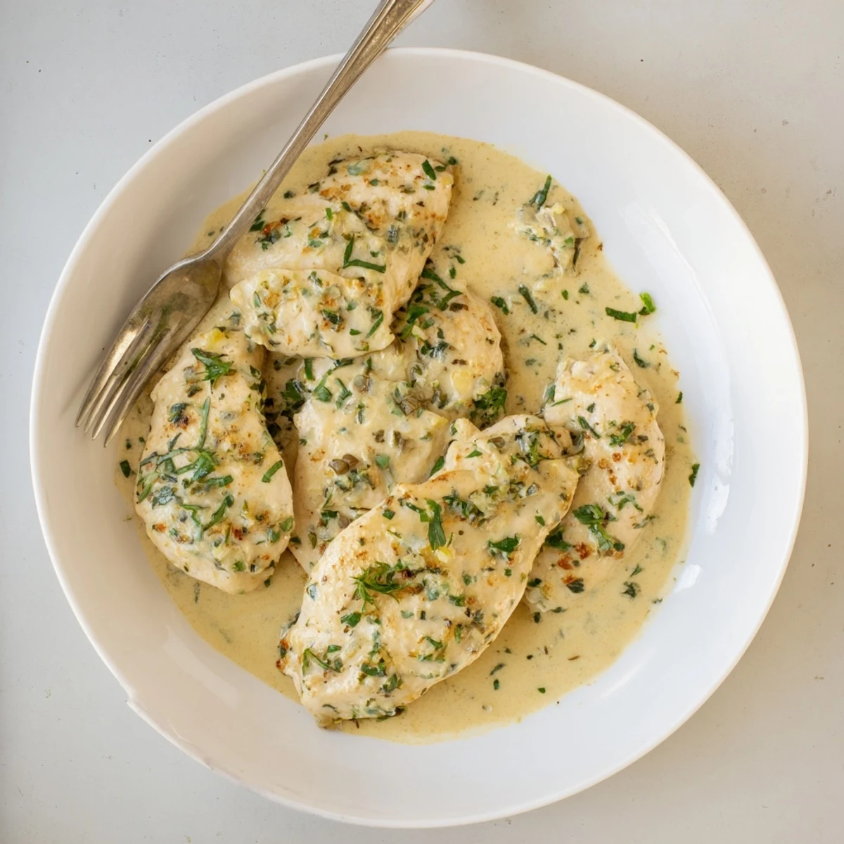 Tender creamy herb chicken plated with fresh green parsley garnish and steamed vegetables