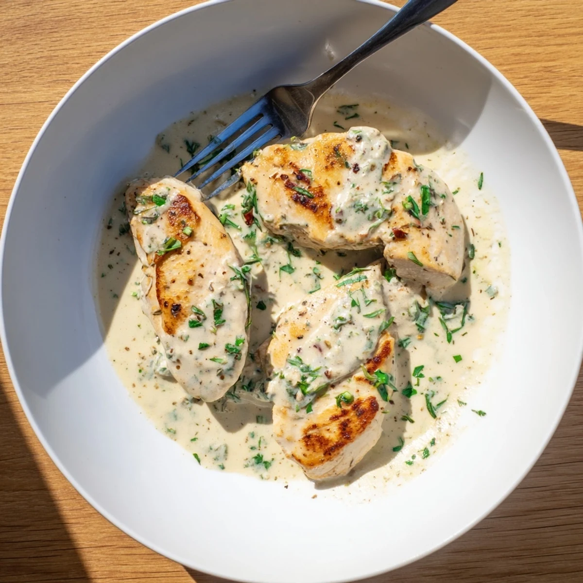 Savory chicken simmered in luxurious white garlic sauce dotted with colorful fresh herbs