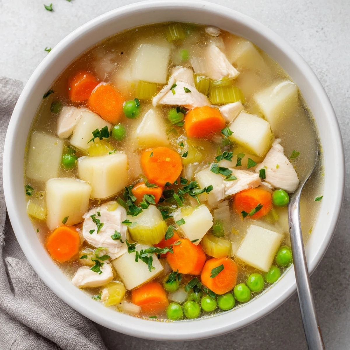 Hearty chicken soup with potatoes featuring chunky vegetables simmered in a steaming broth with parsley garnish