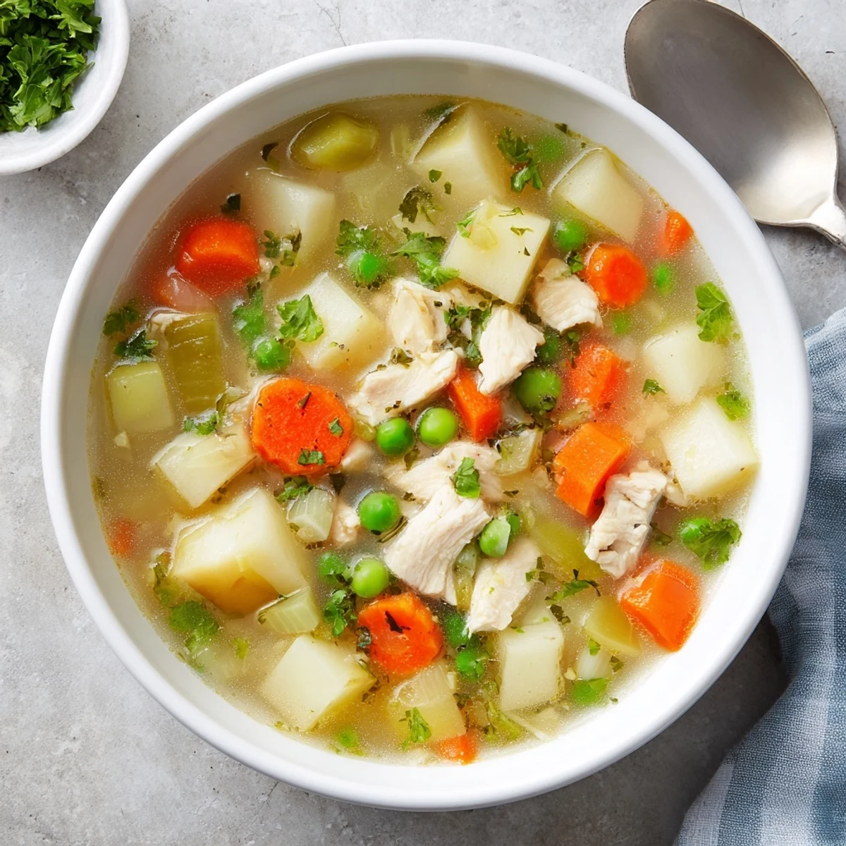 Golden bowl of comforting chicken soup with potatoes loaded with tender vegetables and fresh herbs