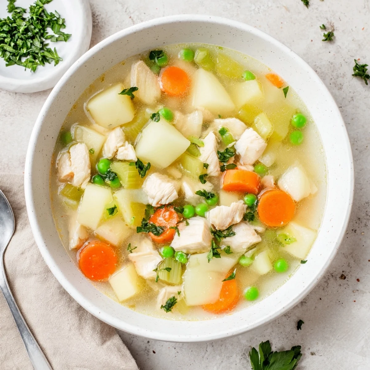 Rustic chicken soup with potatoes brimming with tender meat chunks, carrots, celery, and cubed potatoes