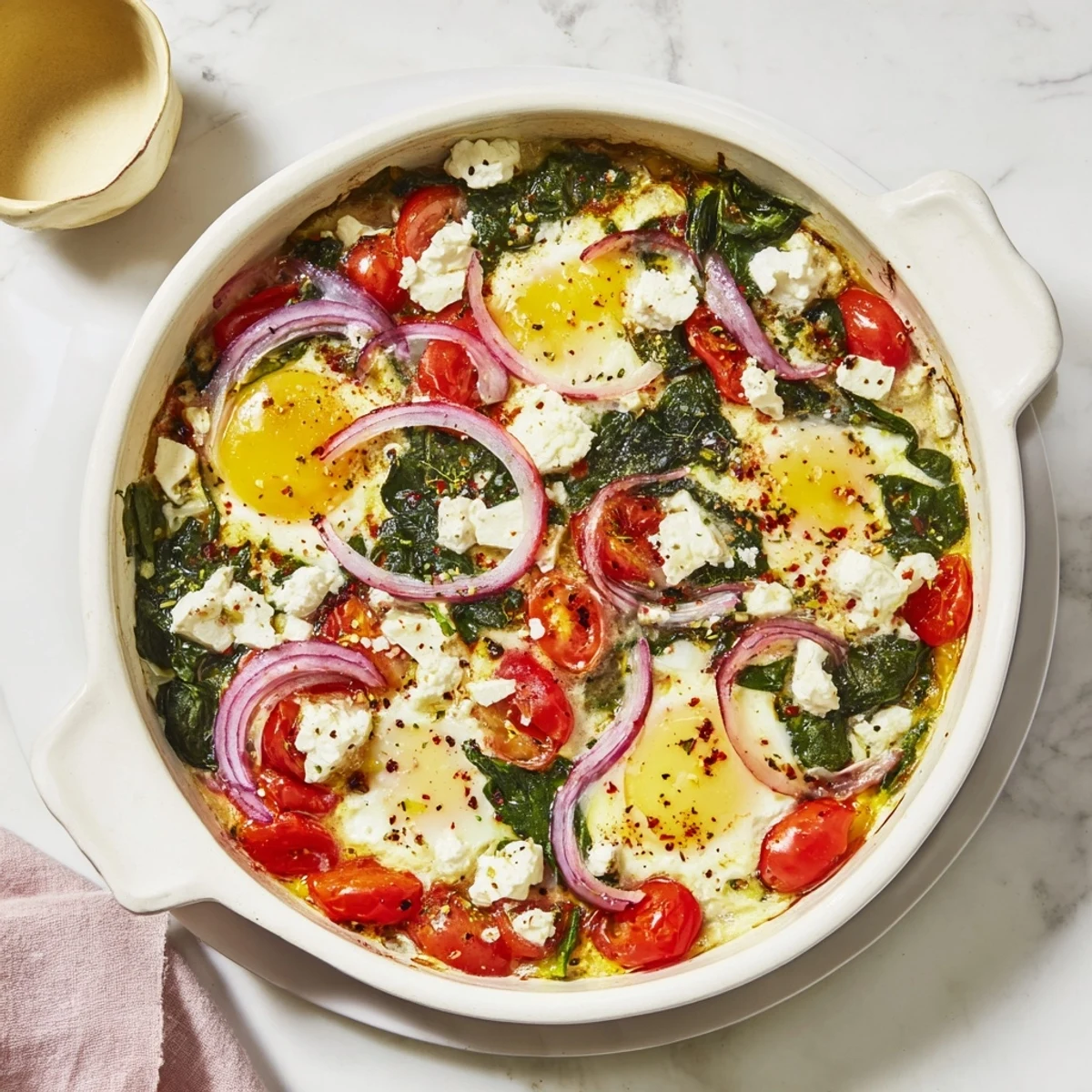 Golden baked feta eggs with juicy tomatoes and fresh spinach in a rustic white baking dish