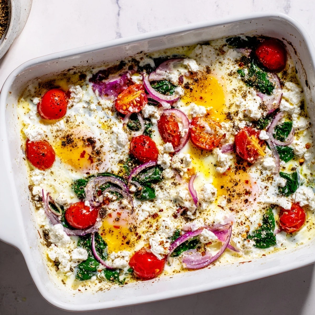 Creamy feta baked eggs with wilted spinach and roasted tomatoes served hot from the oven