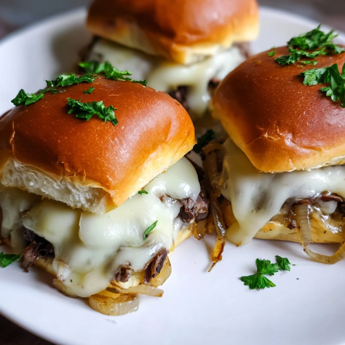 Baked French dip sliders recipe featuring caramelized onions and gooey cheese served alongside rich au jus dipping sauce