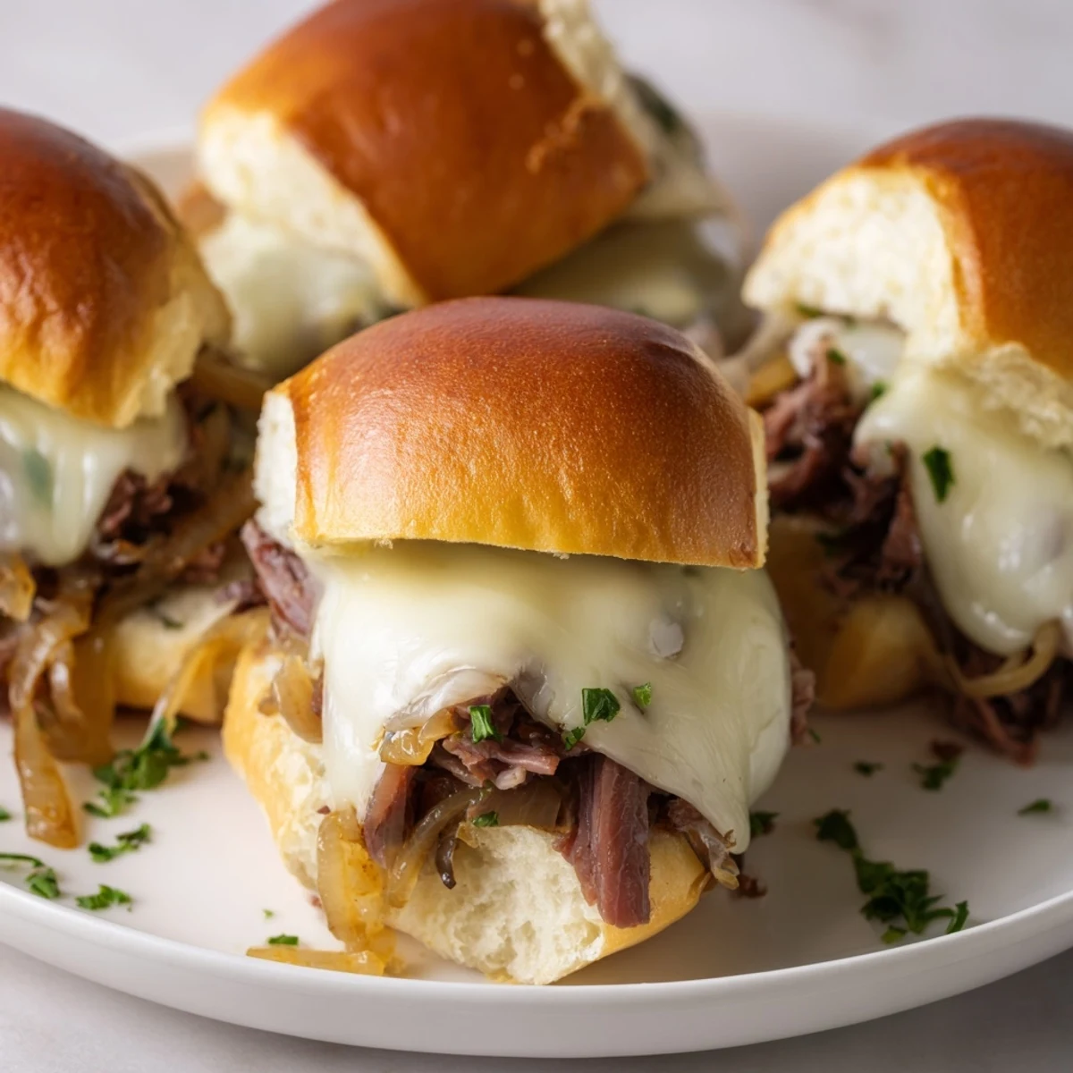 Easy French dip sliders with juicy beef slices and provolone nestled in soft baked rolls for dipping