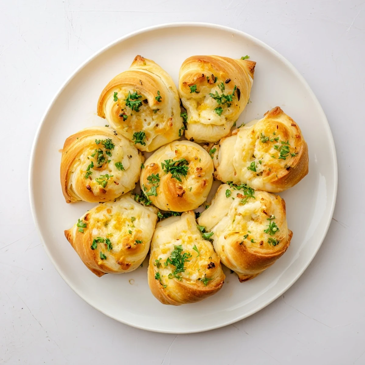 Golden brown cheesy garlic butter rollups fresh from the oven with bubbling melted cheese