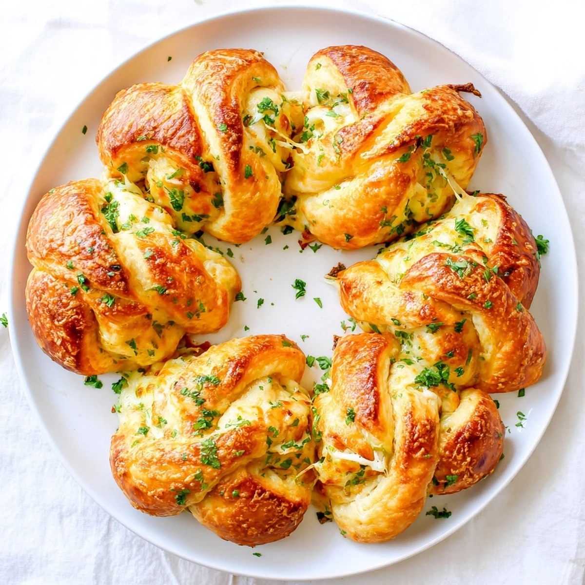 Warm appetizer of flaky crescent dough rollups stuffed with three cheese blend and garlic butter