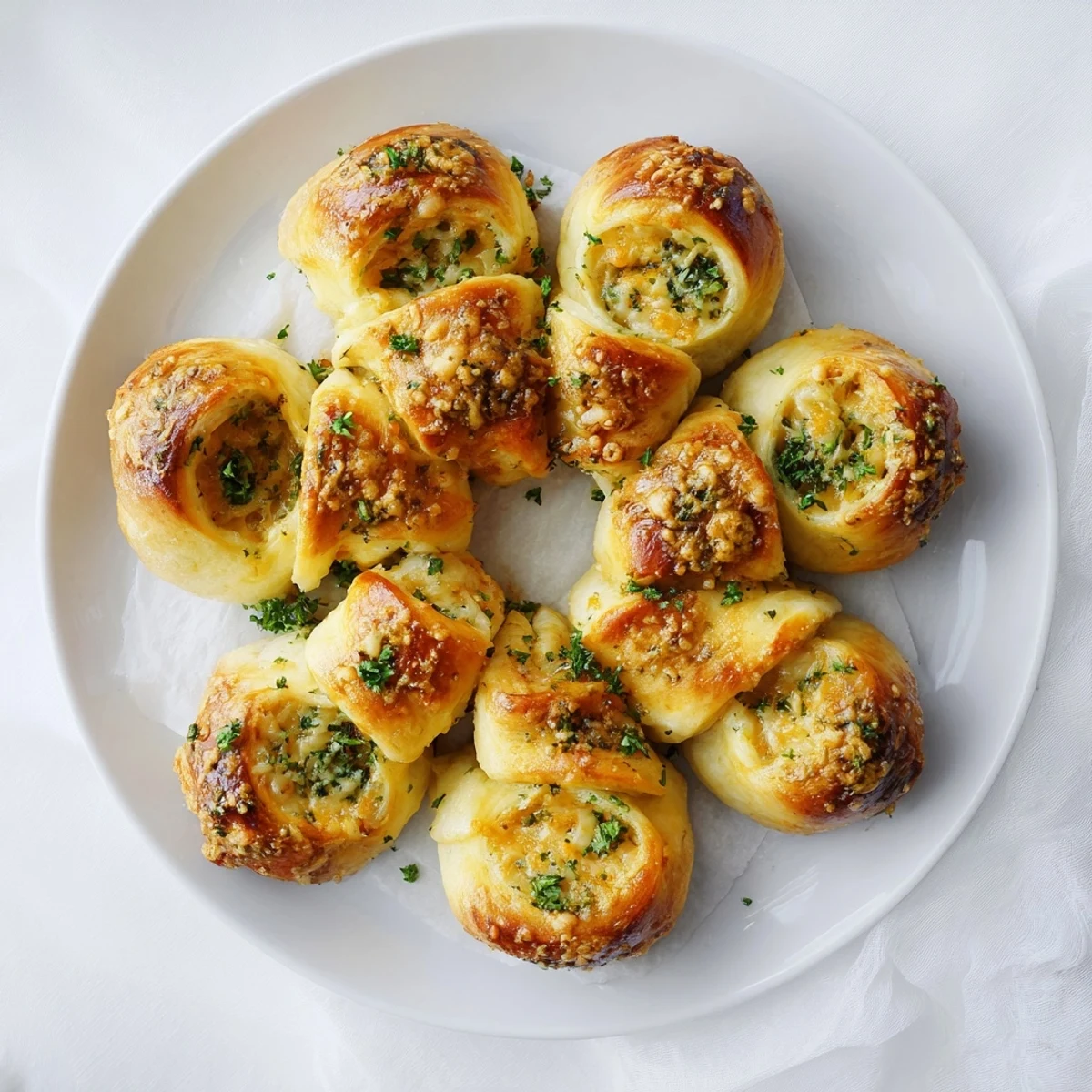 Baked garlic butter rollups on white plate showcasing golden crust and gooey cheese filling