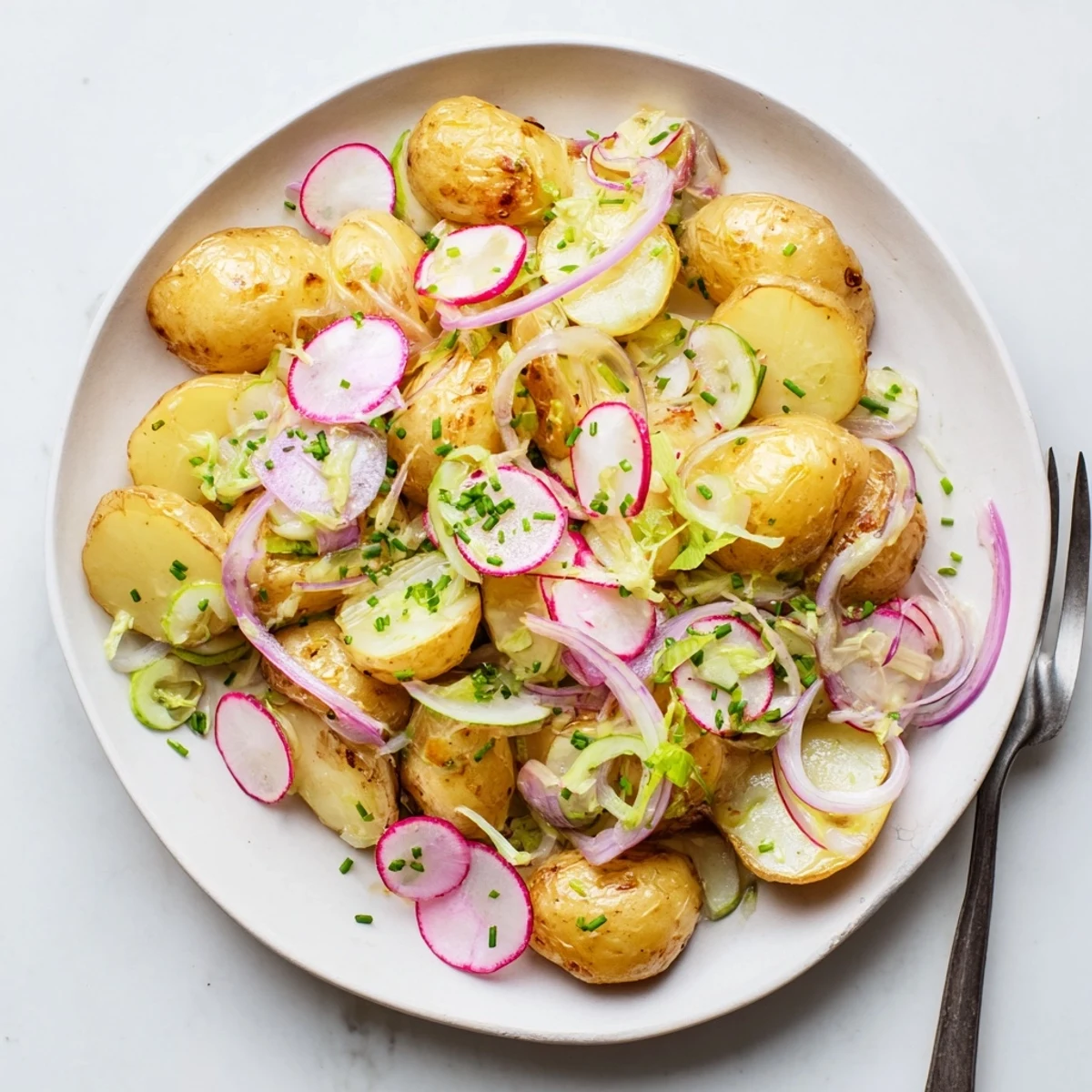 Crispy roasted potato salad with red onion celery and zesty Dijon vinaigrette