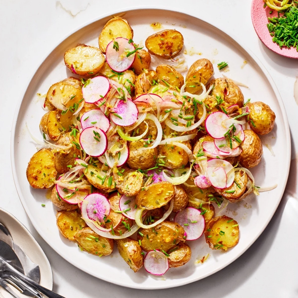 Golden roasted potato salad tossed with fresh herbs and tangy mustard dressing