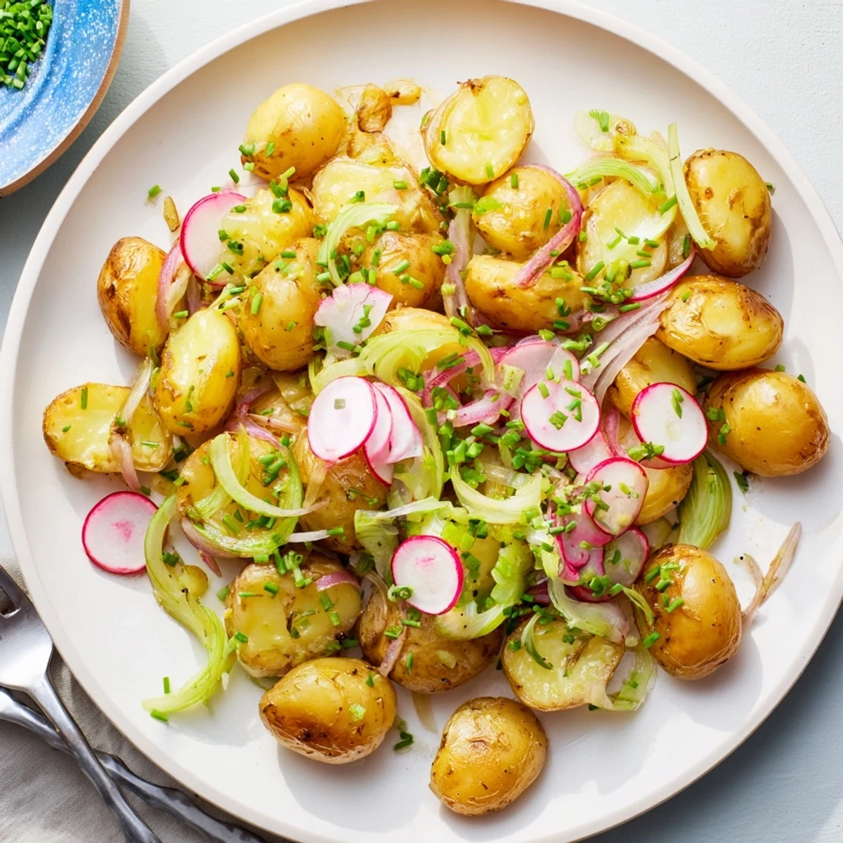 Warm roasted potato salad featuring tender golden potatoes and vibrant fresh parsley