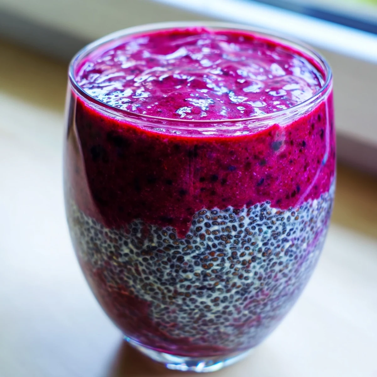 Thick purple chia seed smoothie topped with fresh berries in a clear glass