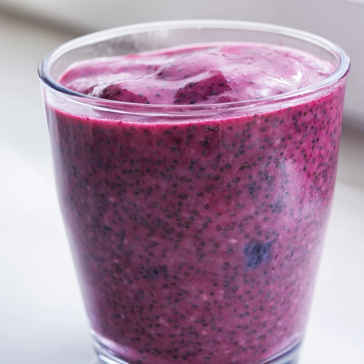 Creamy chia seed smoothie blended with banana and berries for a nutritious breakfast