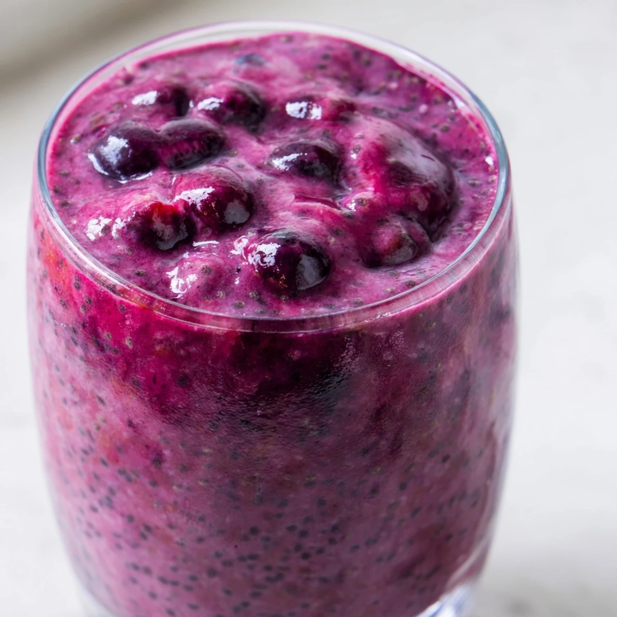 Vibrant purple chia seed smoothie served chilled with floating chia seeds and fruit garnish