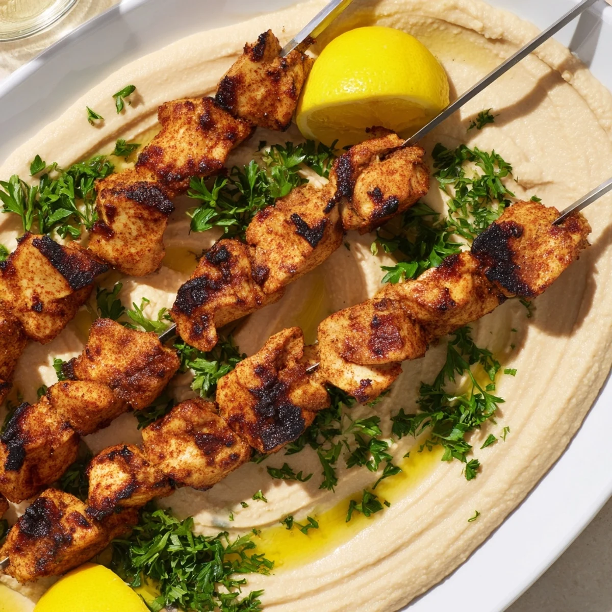 Tender marinated chicken pieces threaded on skewers, lightly charred and served with smooth hummus