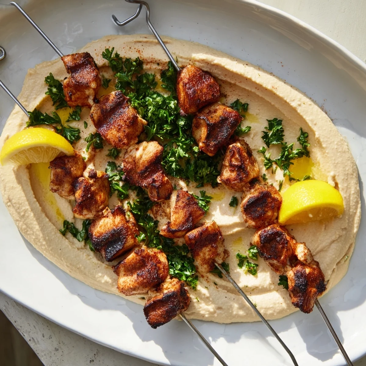 Golden Mediterranean chicken skewers grilled to perfection over a bed of creamy homemade hummus spread