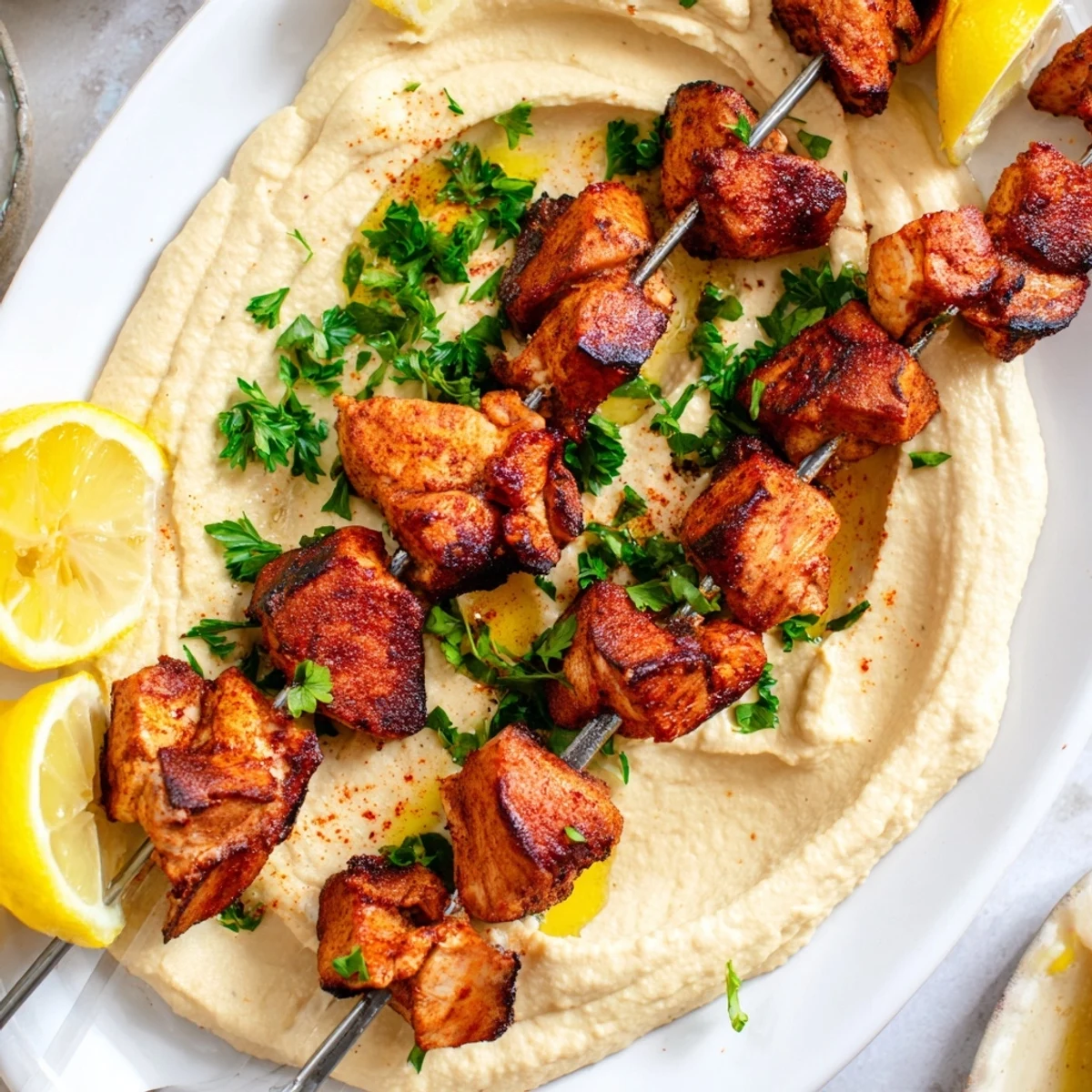 Juicy spiced chicken skewers arranged on a platter with velvety hummus, fresh parsley, and lemon wedges