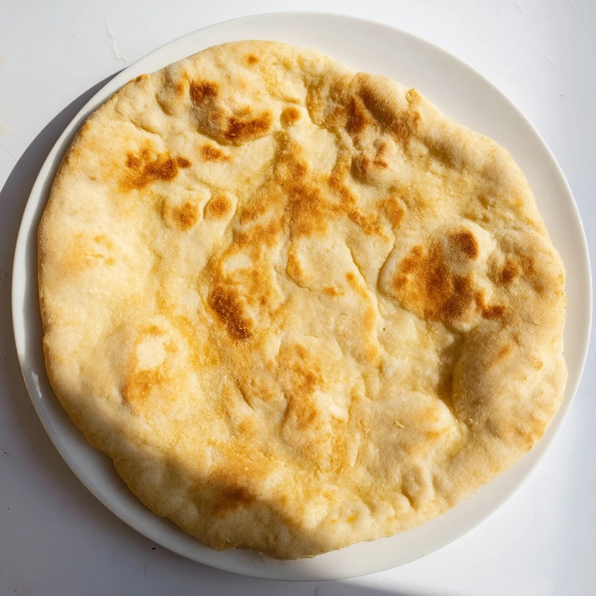 Golden brown Turkish Bazlama flatbread fresh from the skillet with a soft, pillowy texture