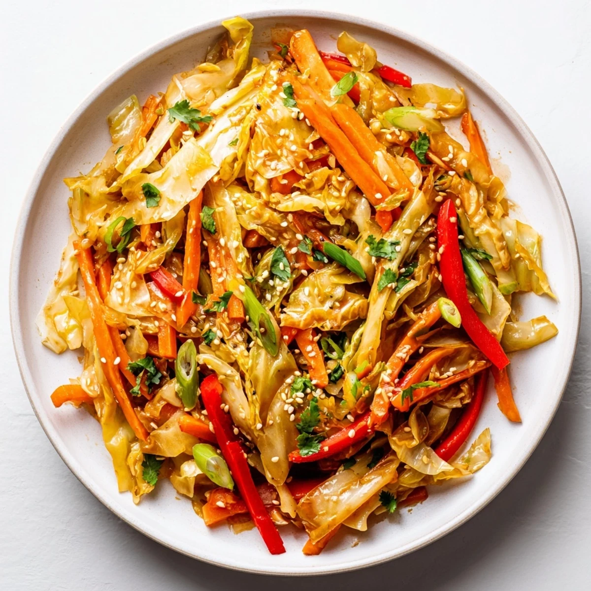 Golden brown cabbage stir fry with colorful vegetables in a savory soy sesame sauce