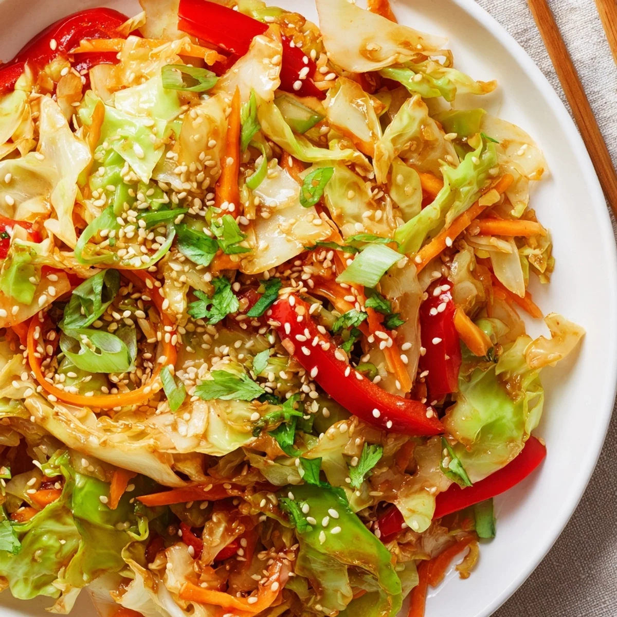 Vibrant Asian cabbage stir fry featuring crisp julienned carrots and red bell pepper slices