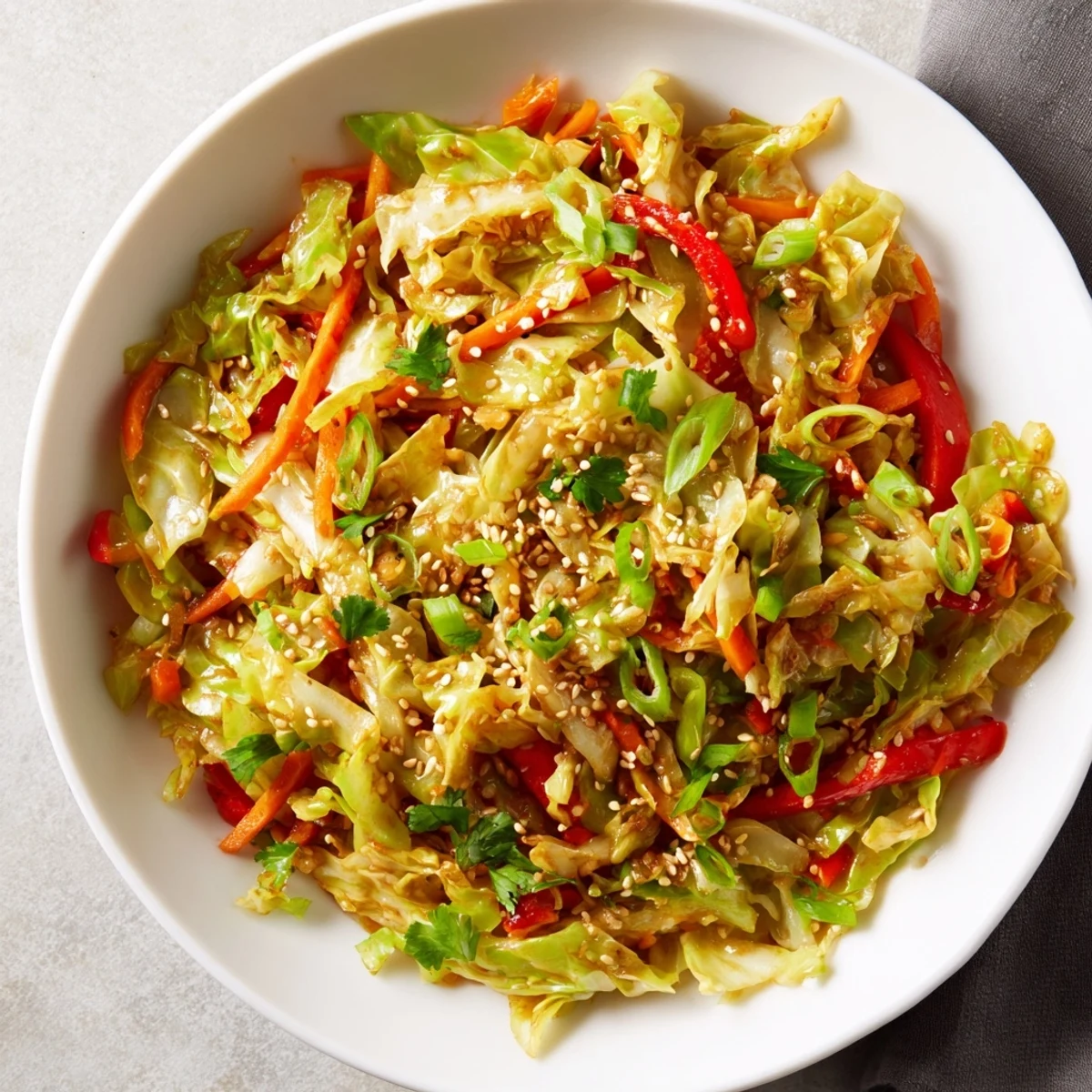 Sizzling wok of cabbage stir fry tossed with ginger garlic and garnished with sesame seeds
