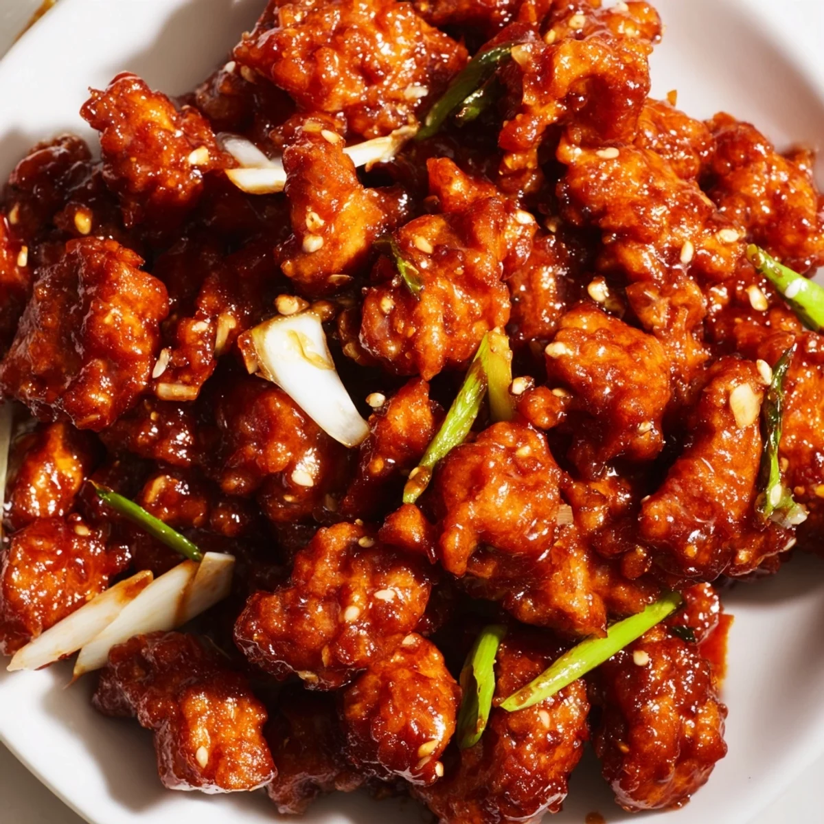 Golden brown Ground Tsos Chicken coated in sweet tangy glossy sauce with sesame seeds