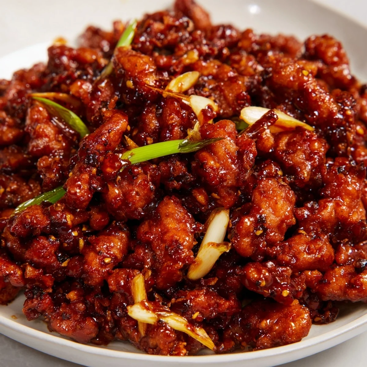 Savory Ground Tsos Chicken stir-fry with ginger garlic served over fluffy steamed white rice