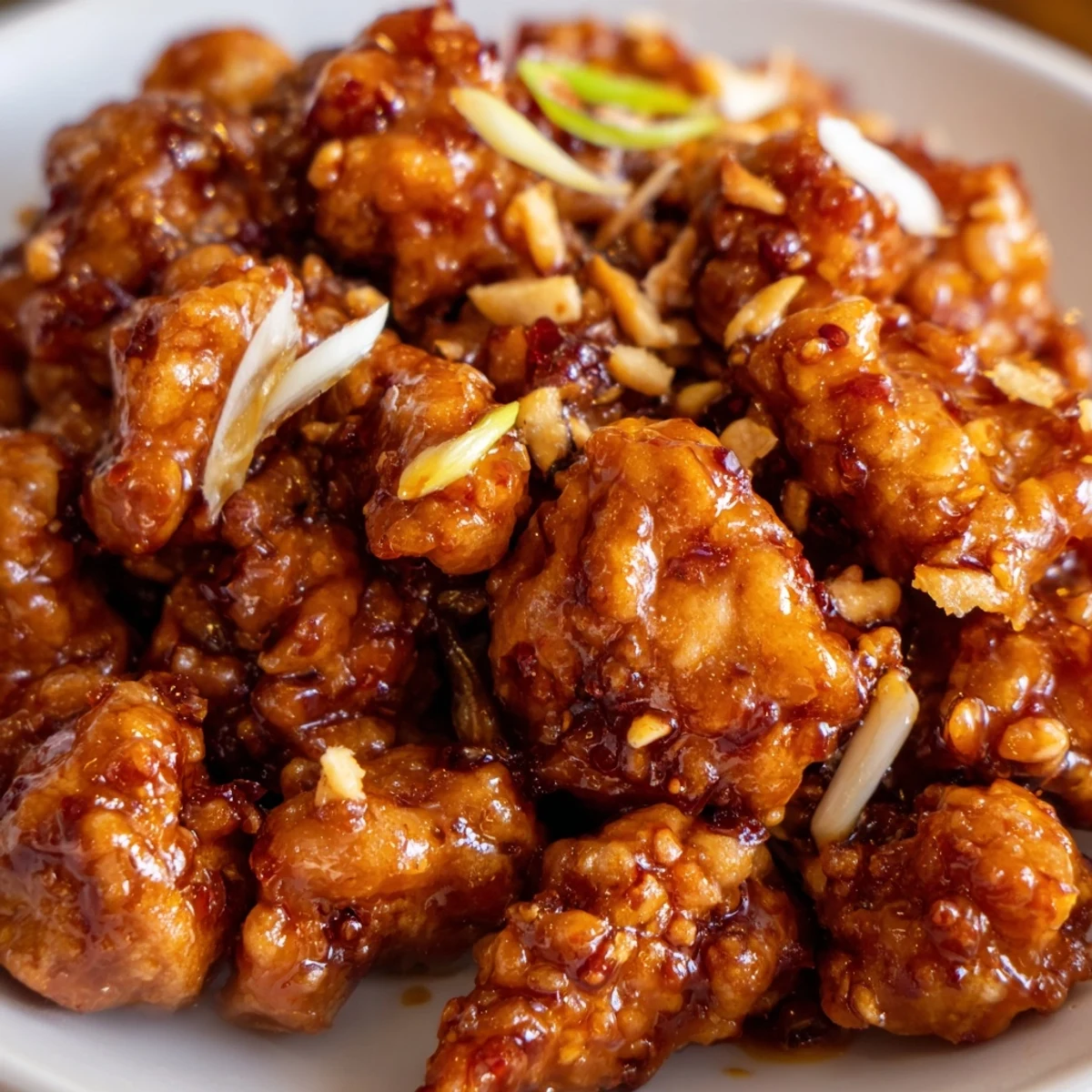 Weeknight Ground Tsos Chicken bowl with caramelized sauce chunks and fresh green onion garnish