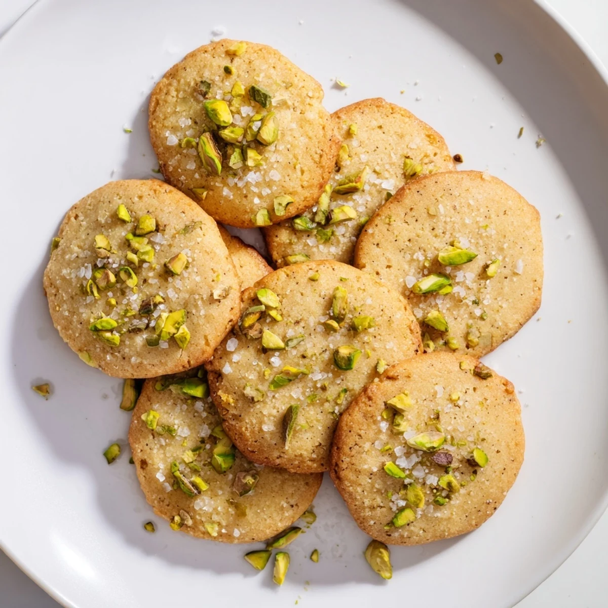 Soft golden brown salted honey pistachio cookies topped with flaky sea salt crystals on a white plate